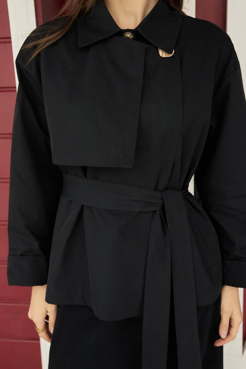 Düşük Kol Kruvaze Trençkot Siyah