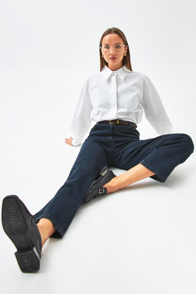 Düz Kesim Denim Pantolon Koyu Mavi