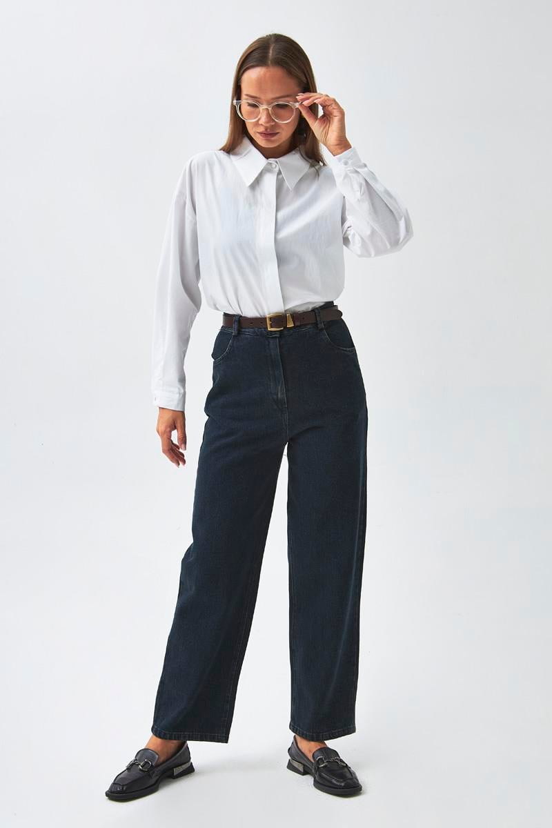 Düz Kesim Denim Pantolon Koyu Mavi