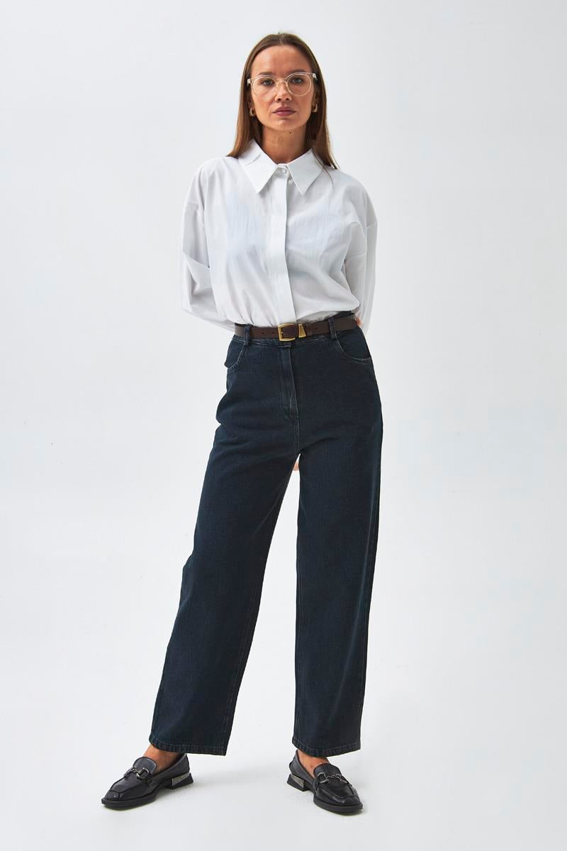 Düz Kesim Denim Pantolon Koyu Mavi