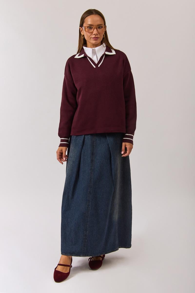 Düz Polo Kazak Bordo