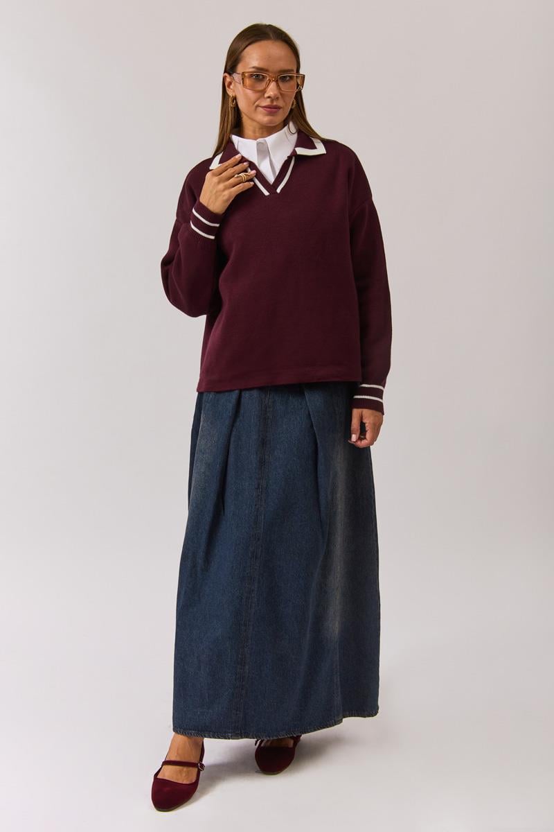 Düz Polo Kazak Bordo