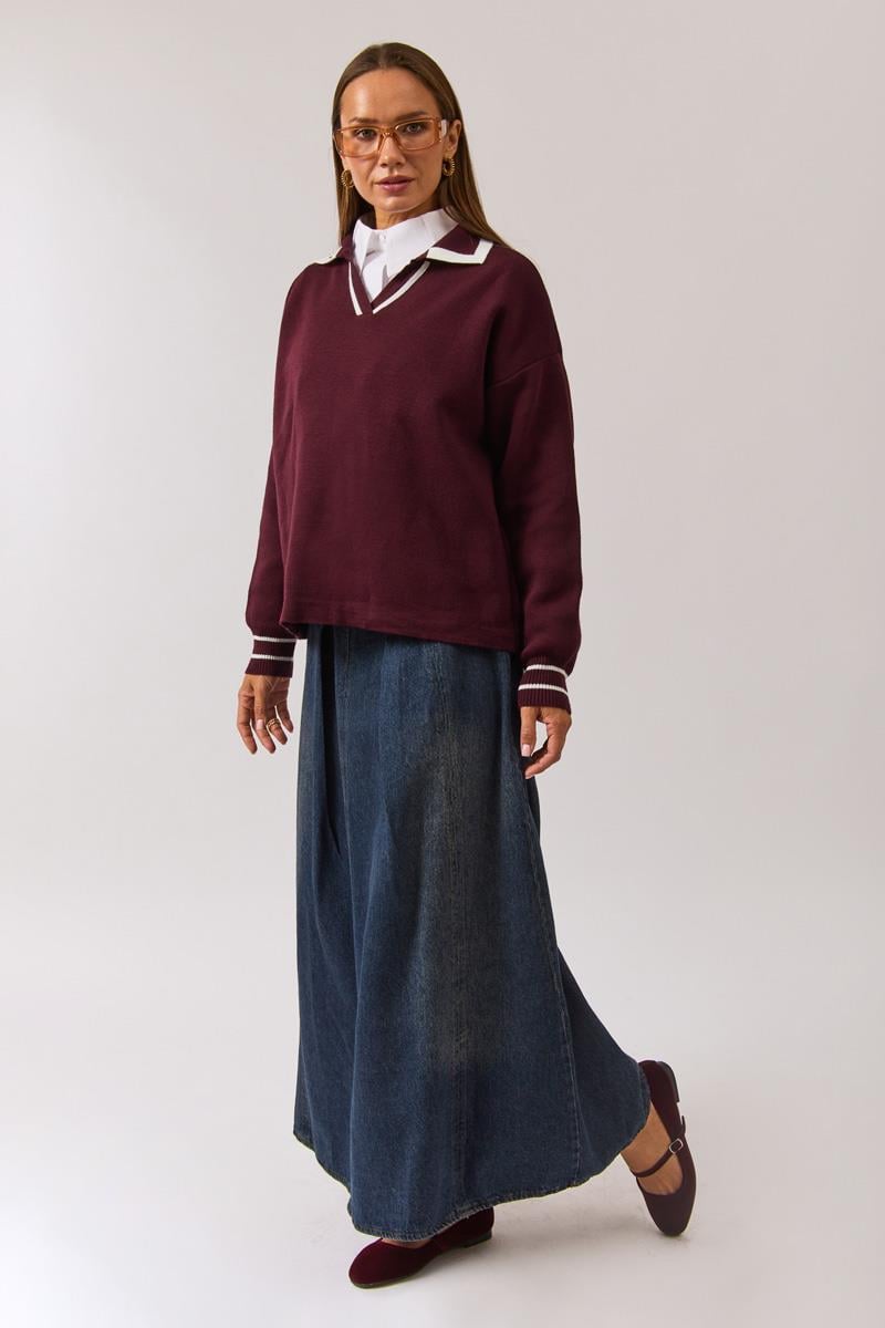 Düz Polo Kazak Bordo