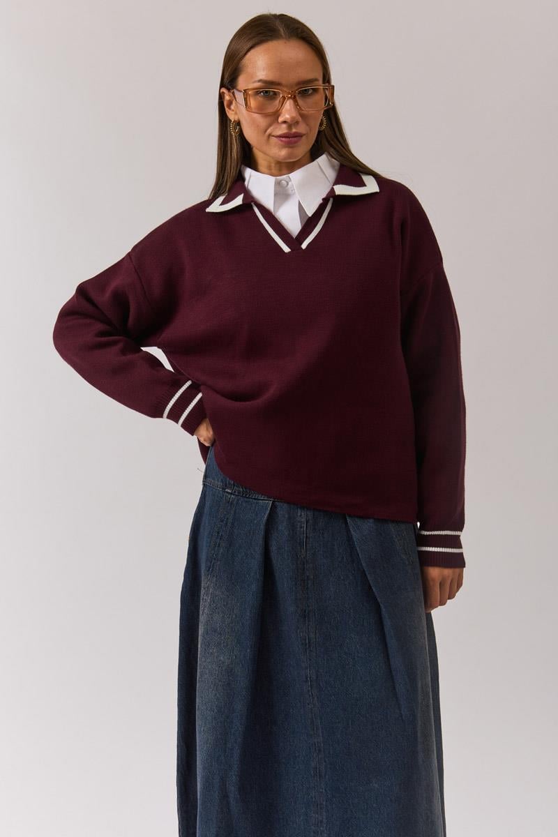 Düz Polo Kazak Bordo