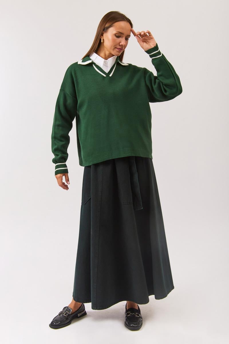 Düz Polo Kazak Nefti Yeşili