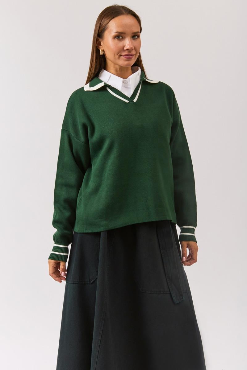 Düz Polo Kazak Nefti Yeşili