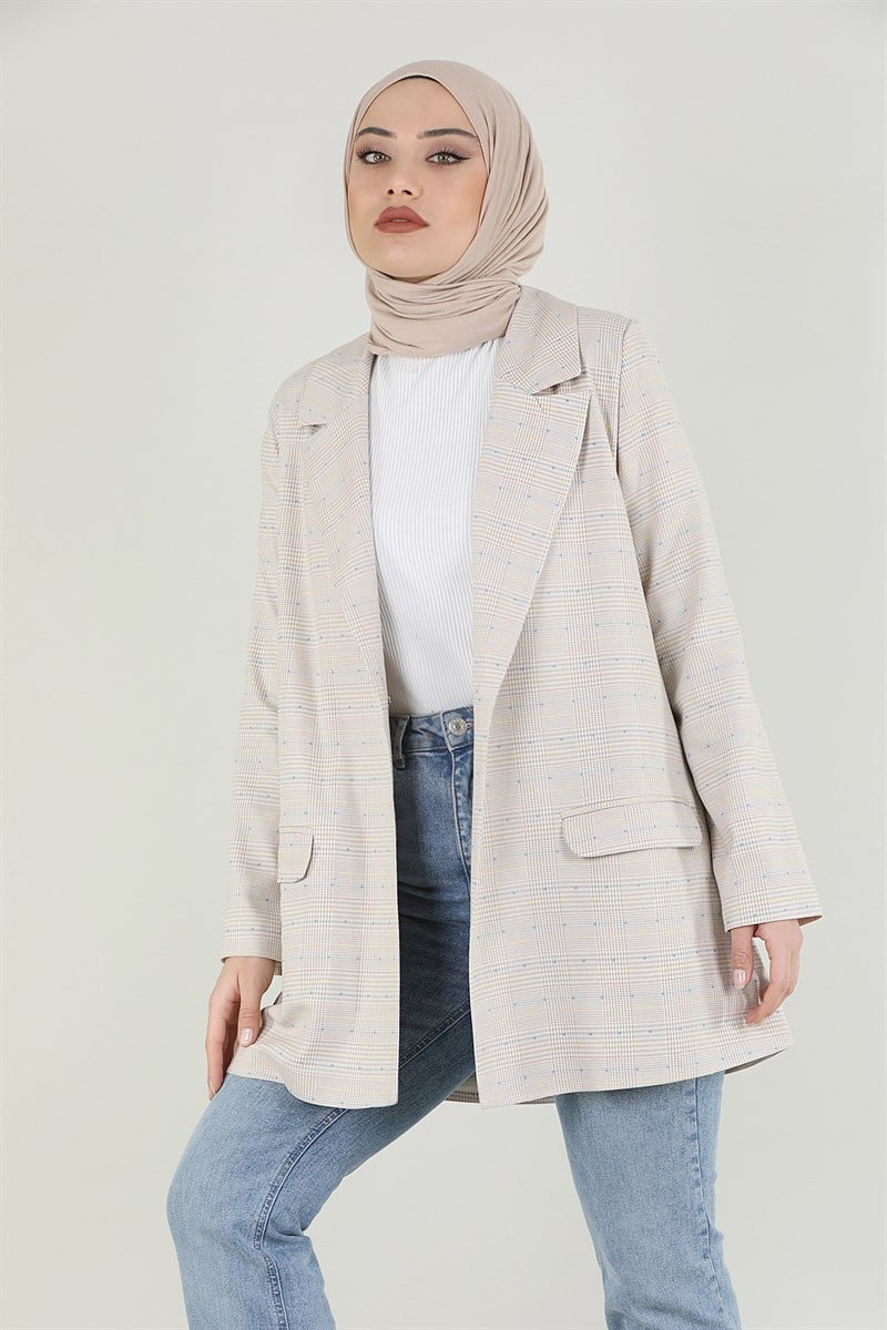 Ekose Blazer Ceket Bej