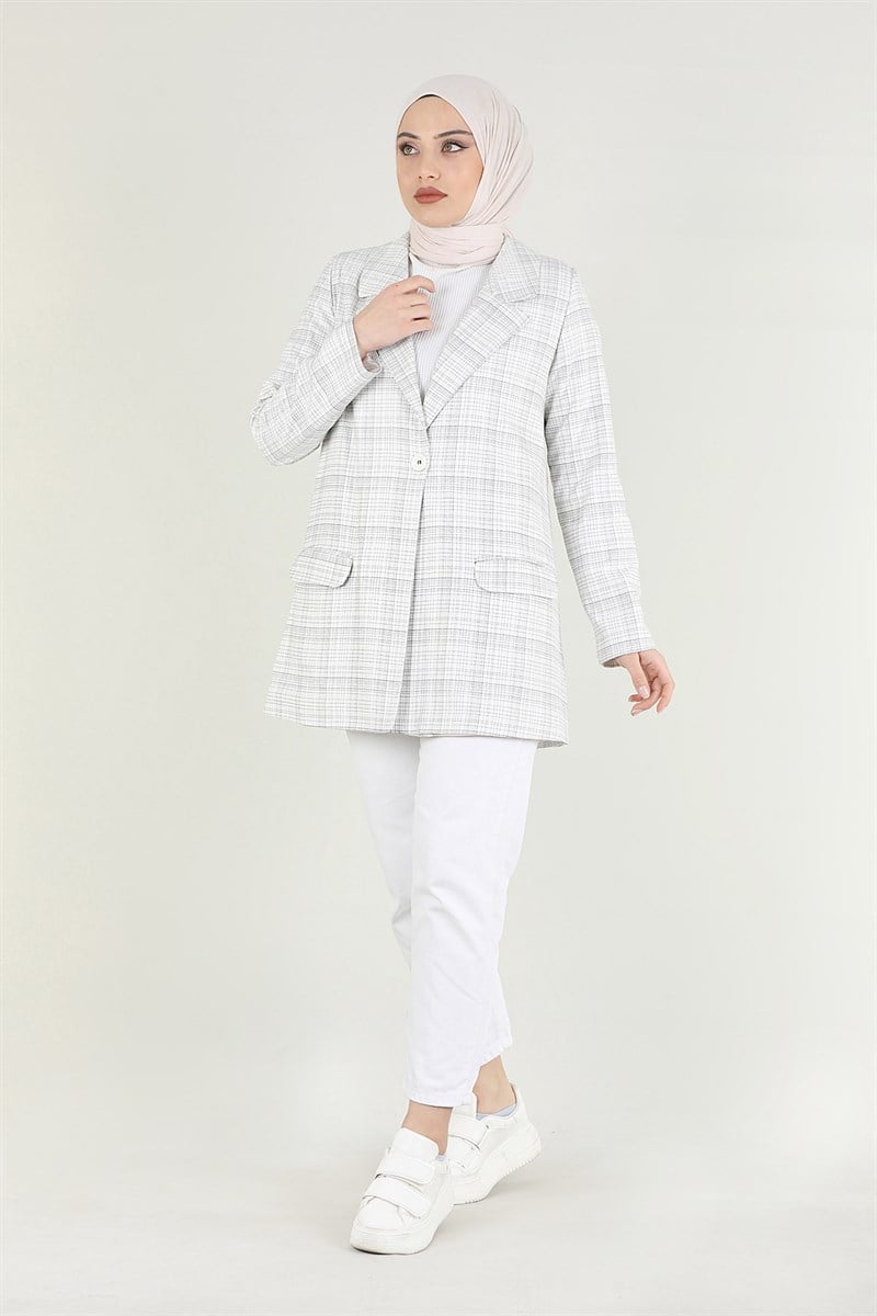 Ekose Blazer Ceket Beyaz