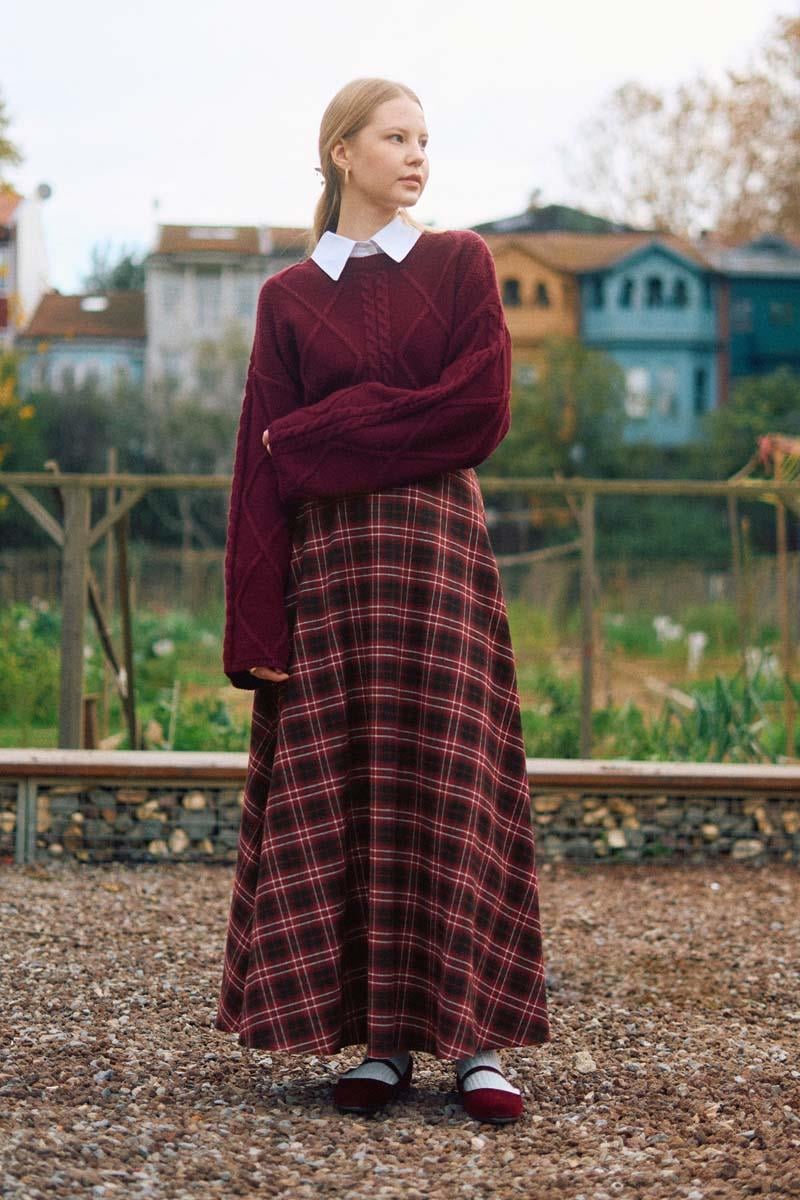 Ekose Desenli A Kesim Etek Bordo