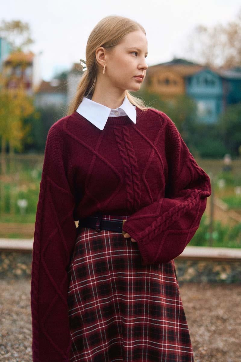 Ekose Desenli A Kesim Etek Bordo