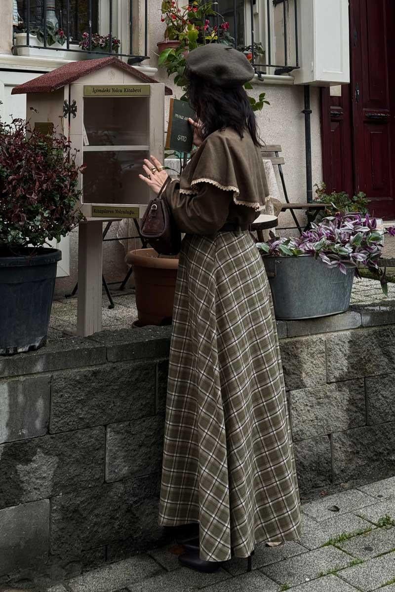 Ekose Desenli A Kesim Etek Haki