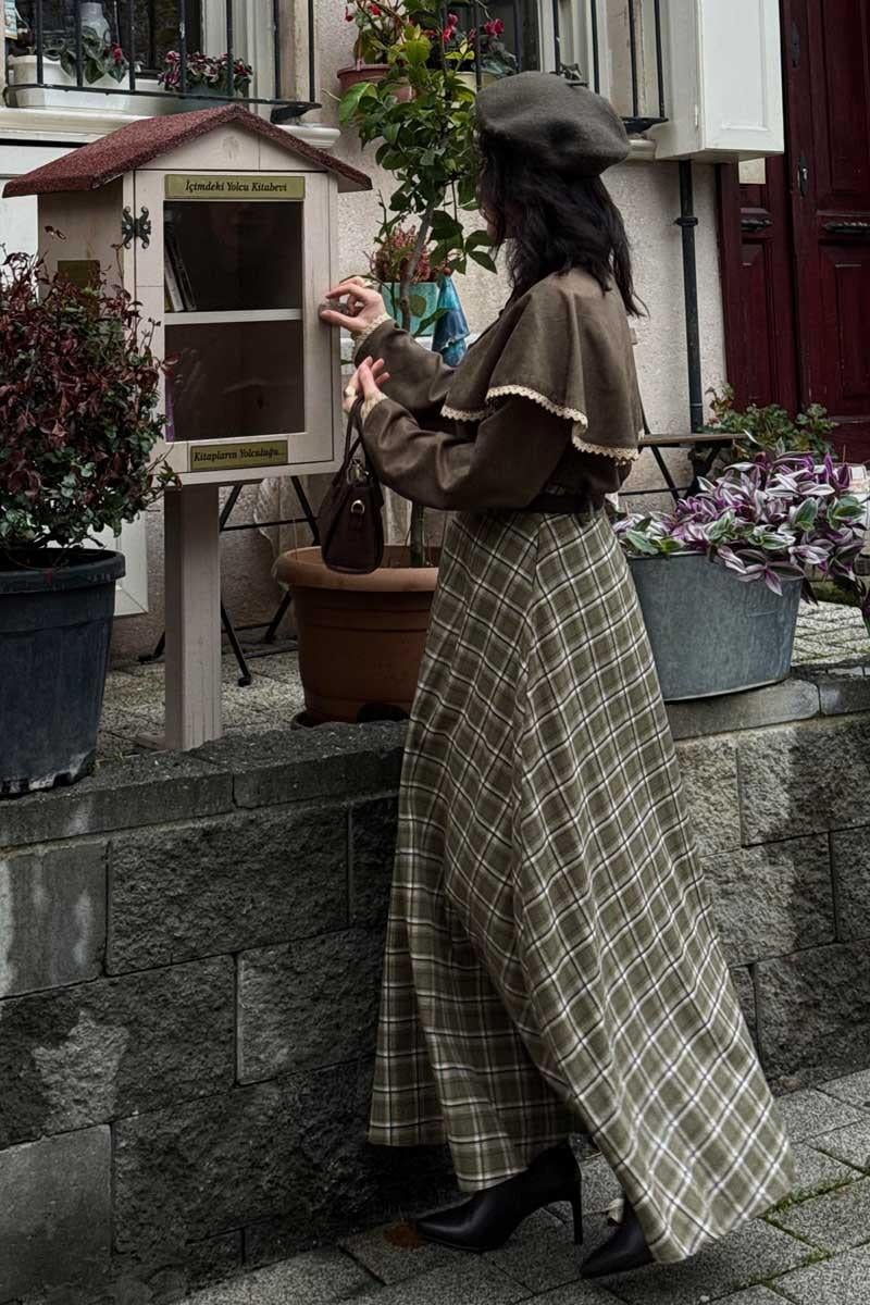 Ekose Desenli A Kesim Etek Haki