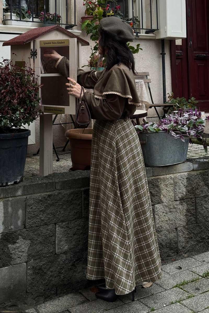 Ekose Desenli A Kesim Etek Haki