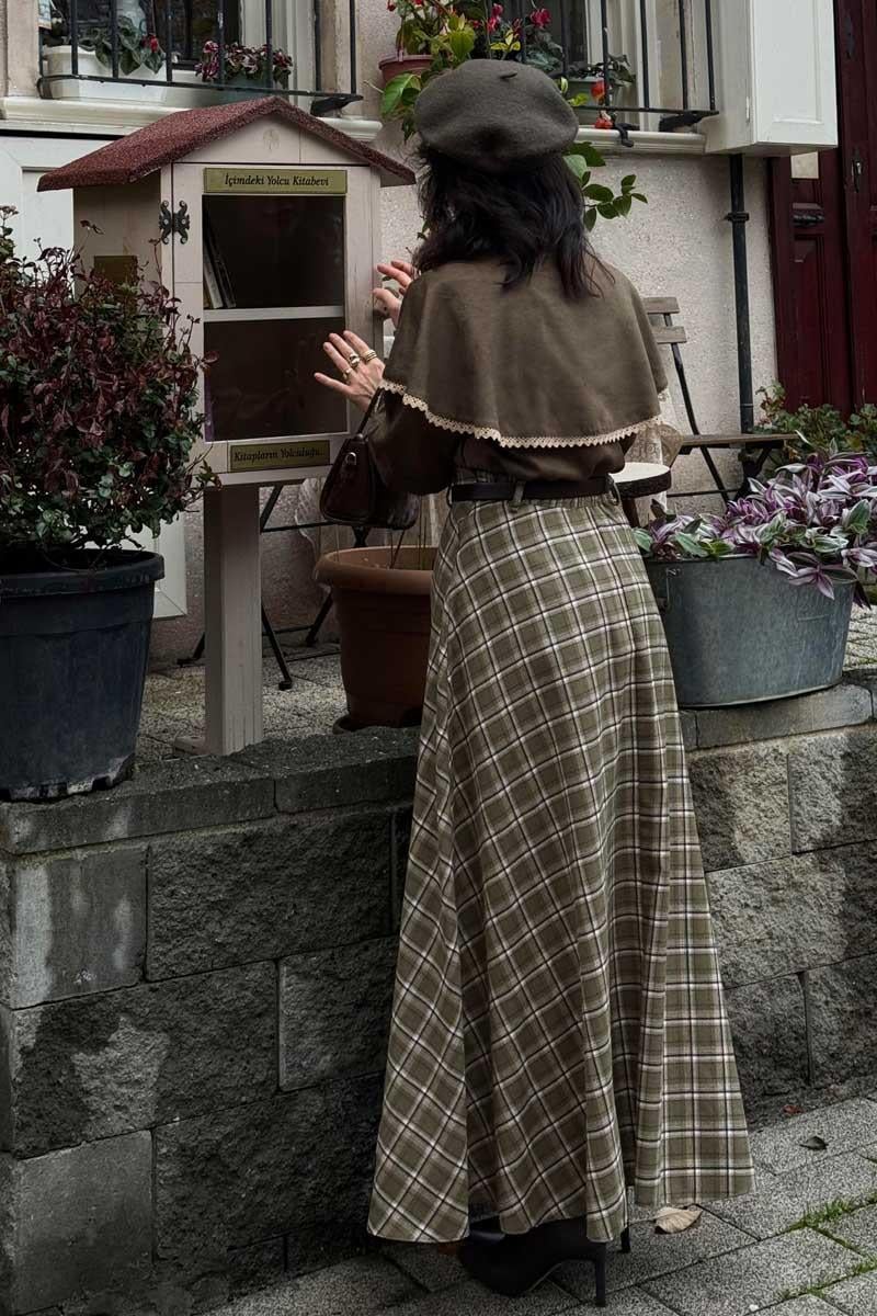 Ekose Desenli A Kesim Etek Haki