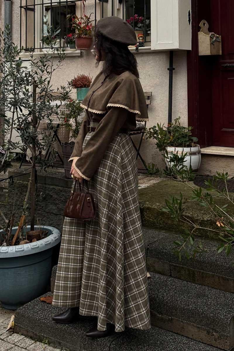 Ekose Desenli A Kesim Etek Haki