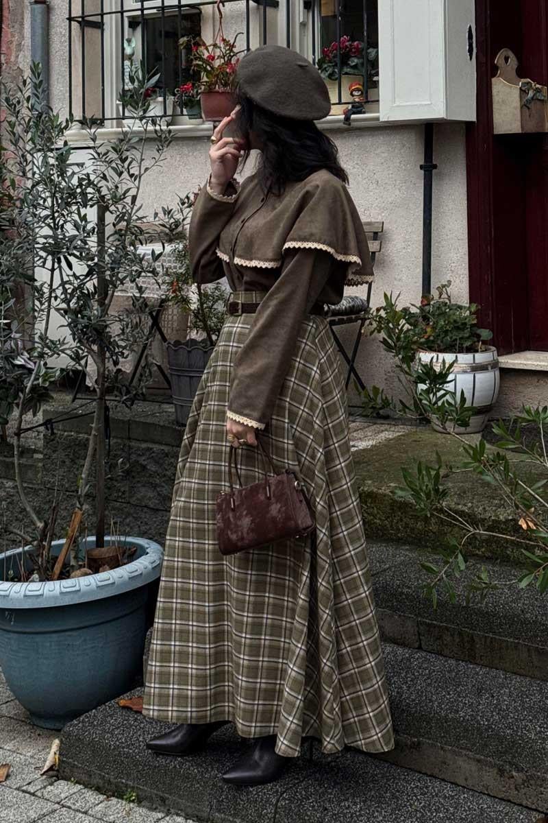 Ekose Desenli A Kesim Etek Haki