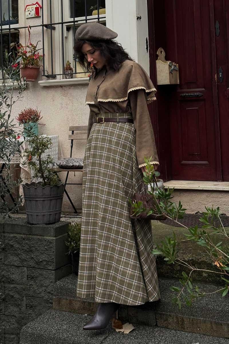 Ekose Desenli A Kesim Etek Haki