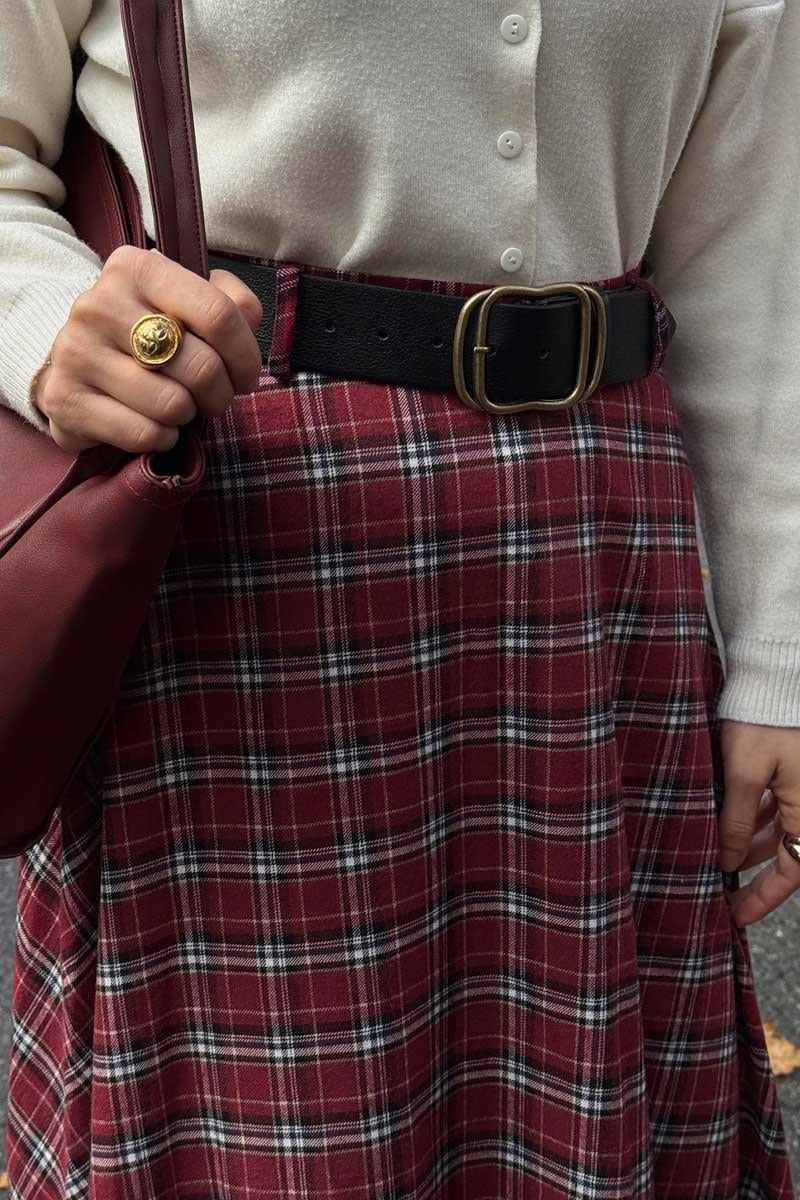 Ekose Desenli A Kesim Etek Koyu Kırmızı