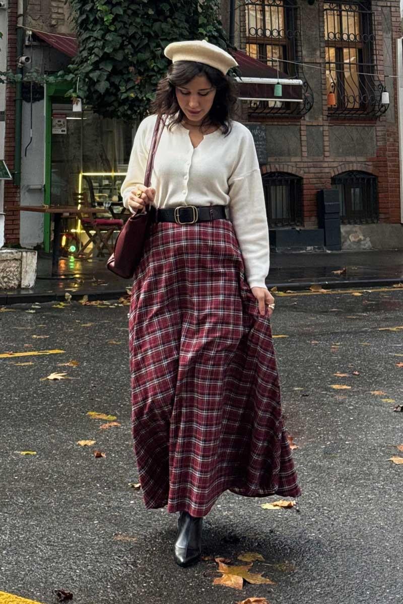 Ekose Desenli A Kesim Etek Koyu Kırmızı