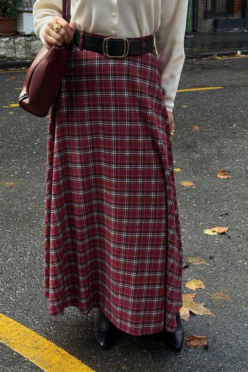 Ekose Desenli A Kesim Etek Koyu Kırmızı