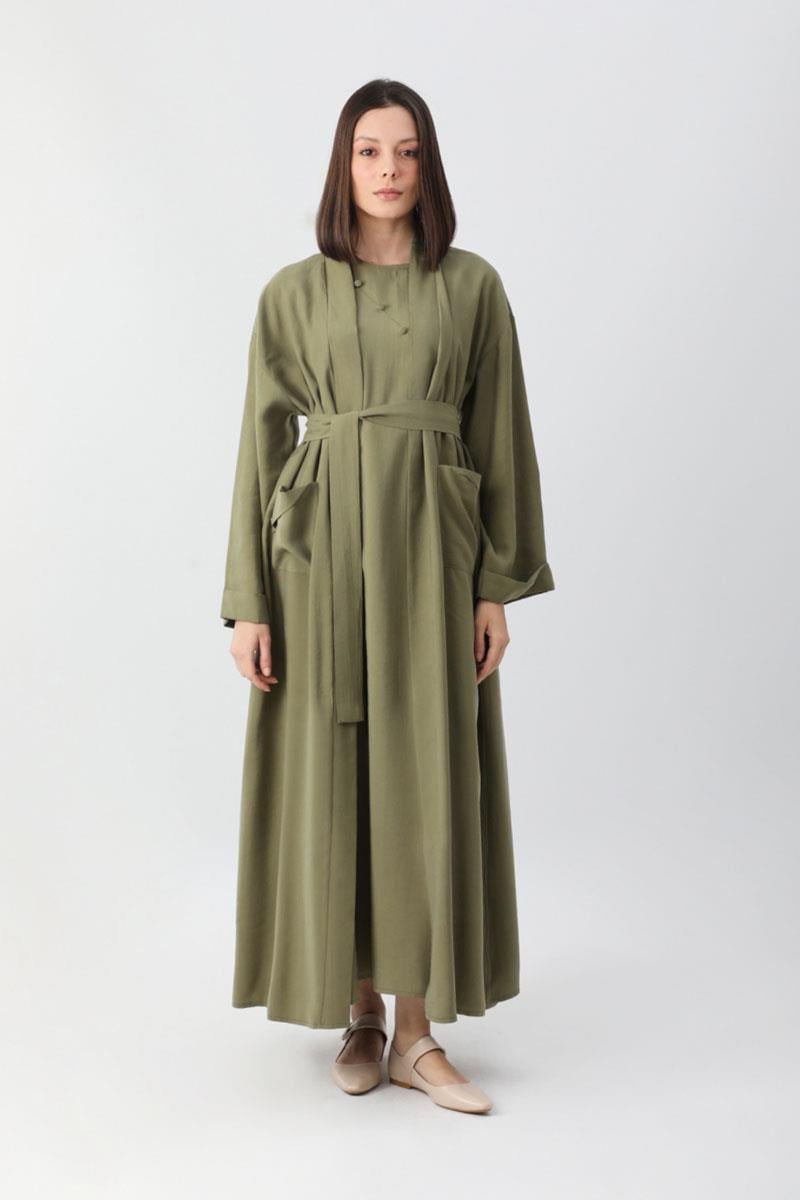 Elbisesi Düğmeli Abaya Takım Haki