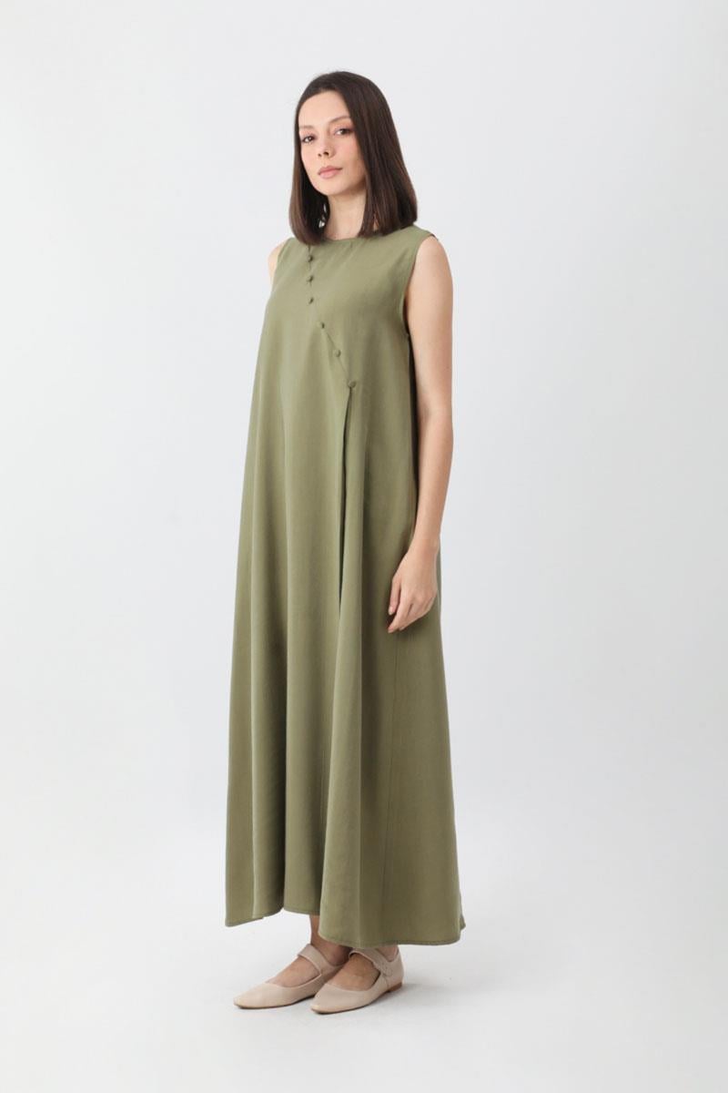 Elbisesi Düğmeli Abaya Takım Haki