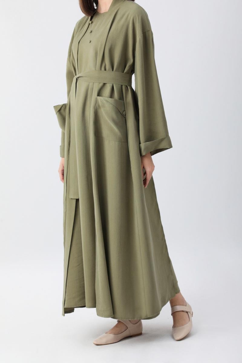 Elbisesi Düğmeli Abaya Takım Haki