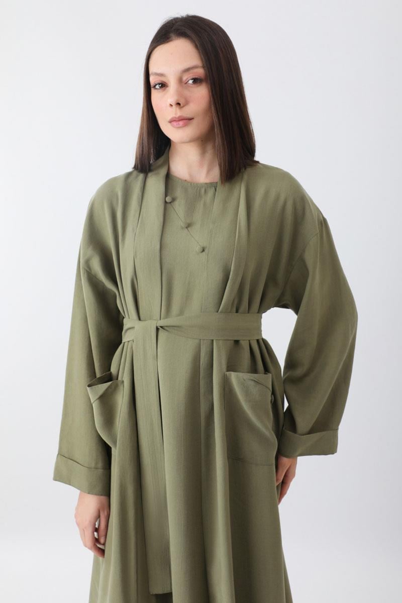 Elbisesi Düğmeli Abaya Takım Haki