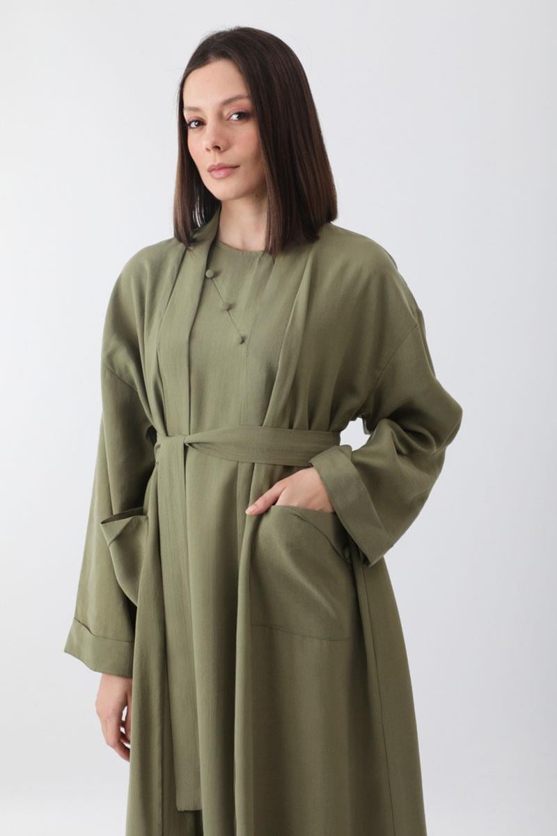 Elbisesi Düğmeli Abaya Takım Haki