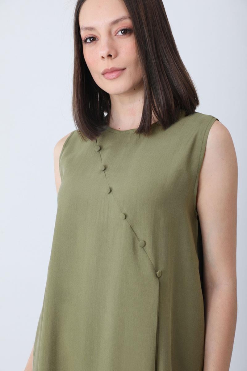 Elbisesi Düğmeli Abaya Takım Haki