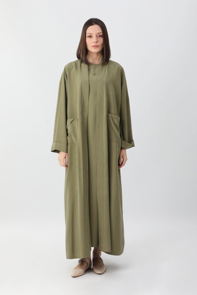 Elbisesi Düğmeli Abaya Takım Haki