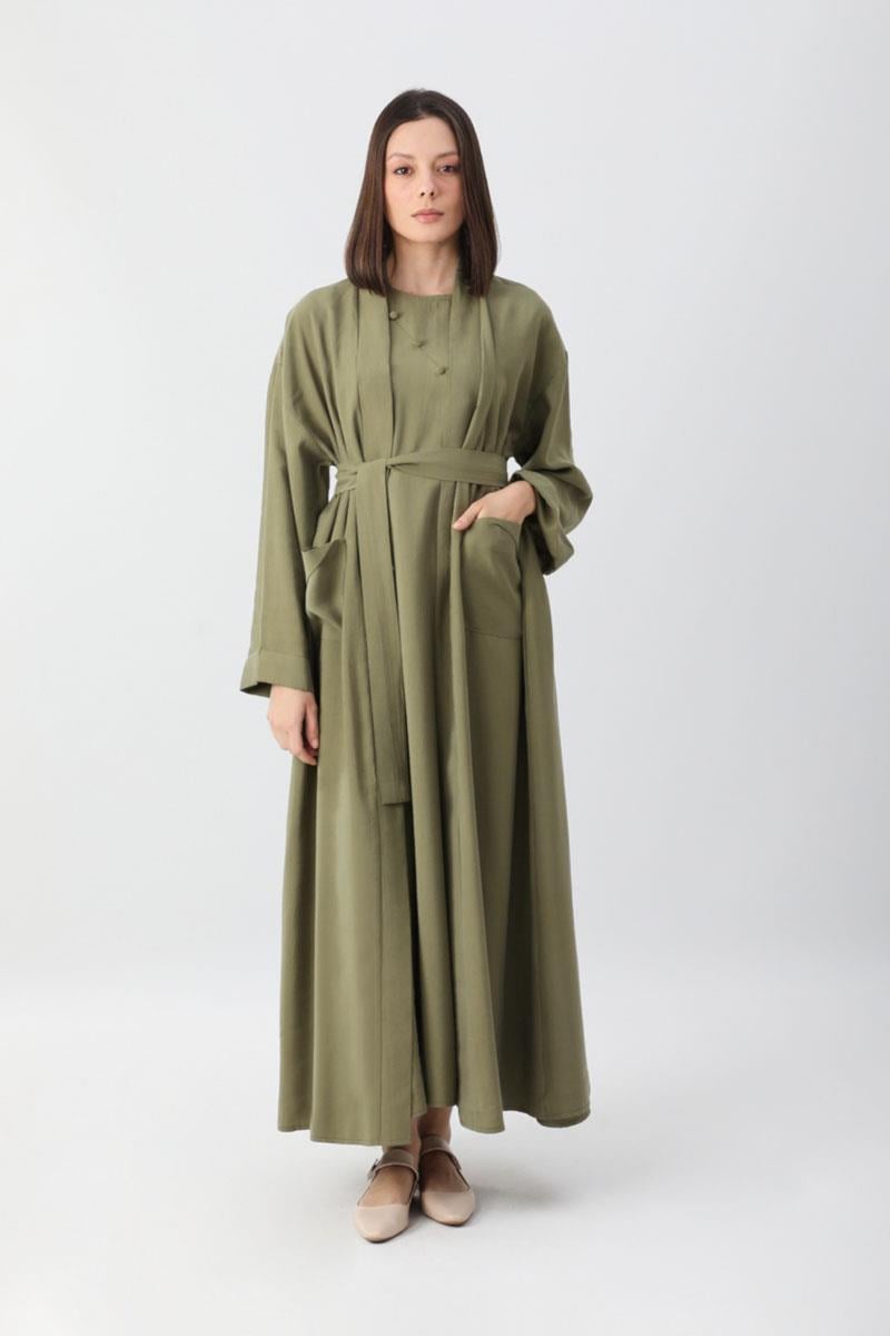 Elbisesi Düğmeli Abaya Takım Haki