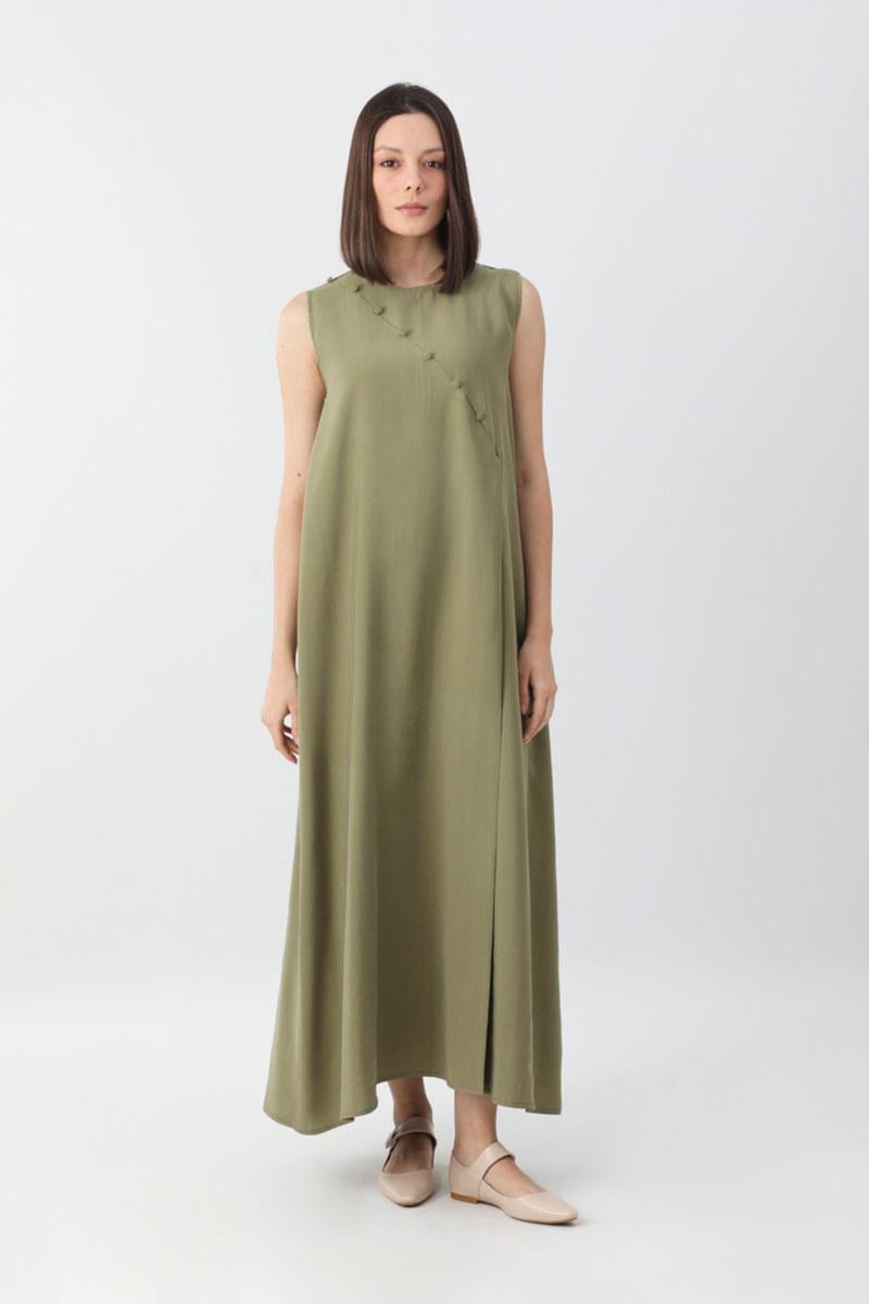 Elbisesi Düğmeli Abaya Takım Haki