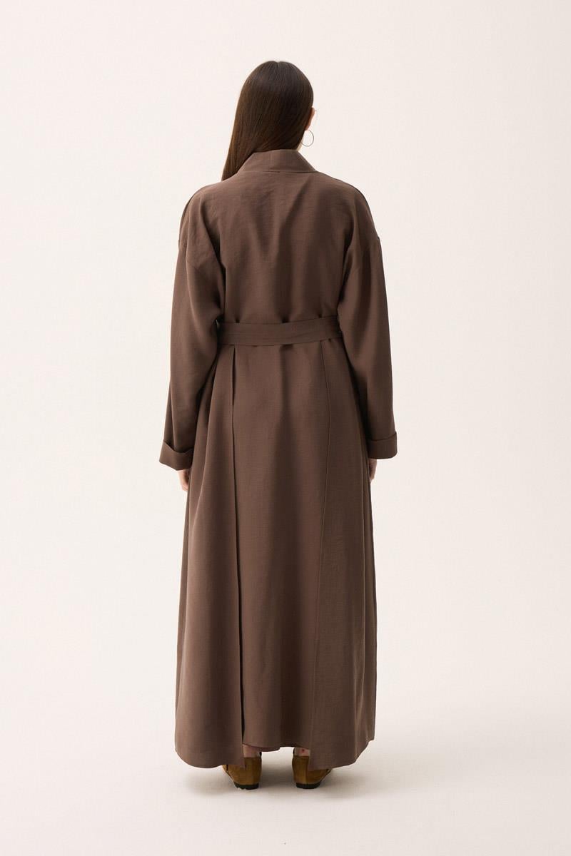 Elbisesi Düğmeli Abaya Takım Kahverengi