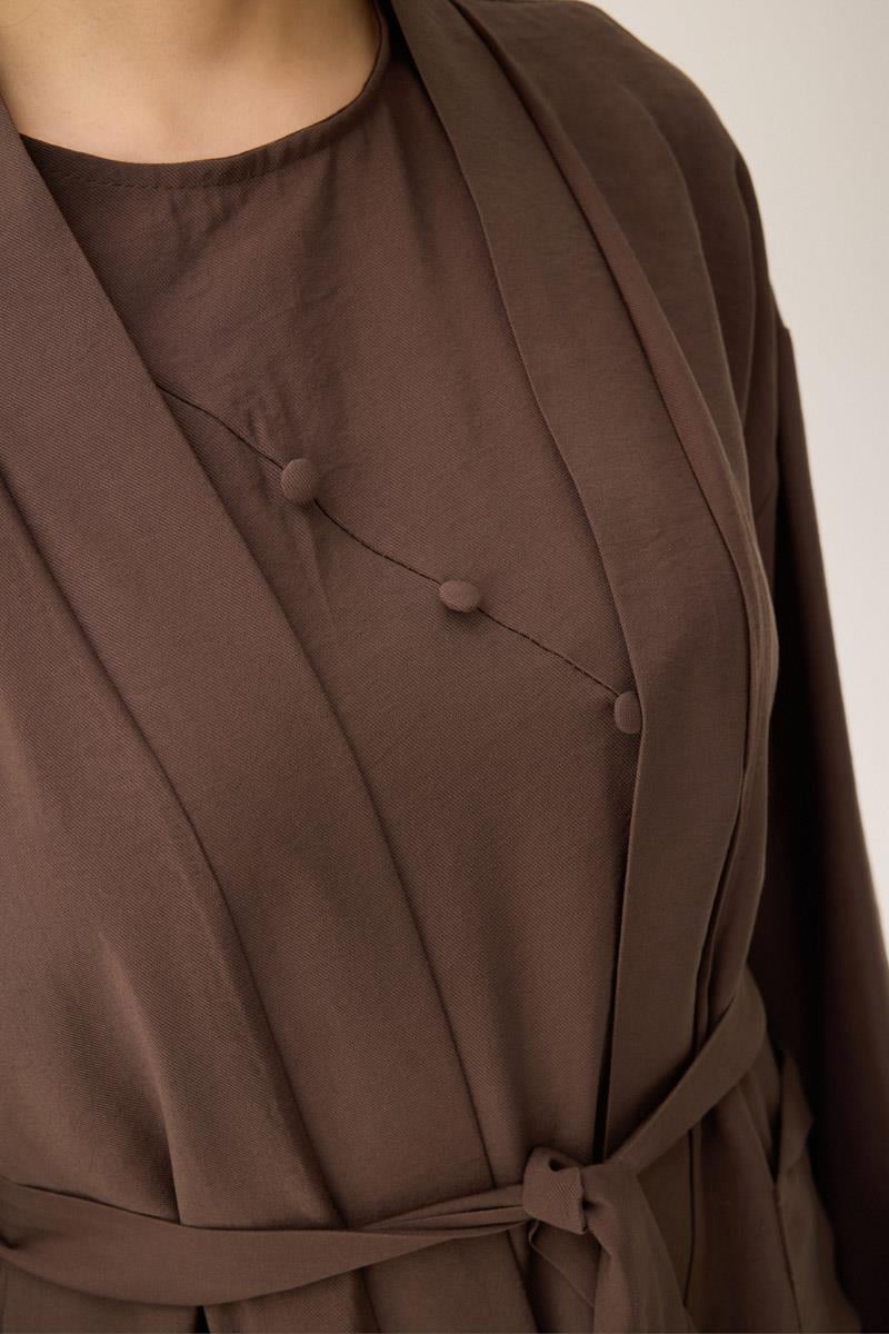 Elbisesi Düğmeli Abaya Takım Kahverengi