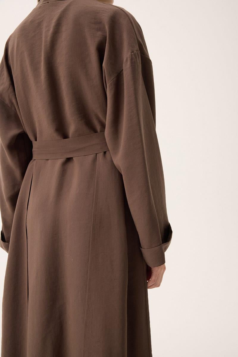 Elbisesi Düğmeli Abaya Takım Kahverengi