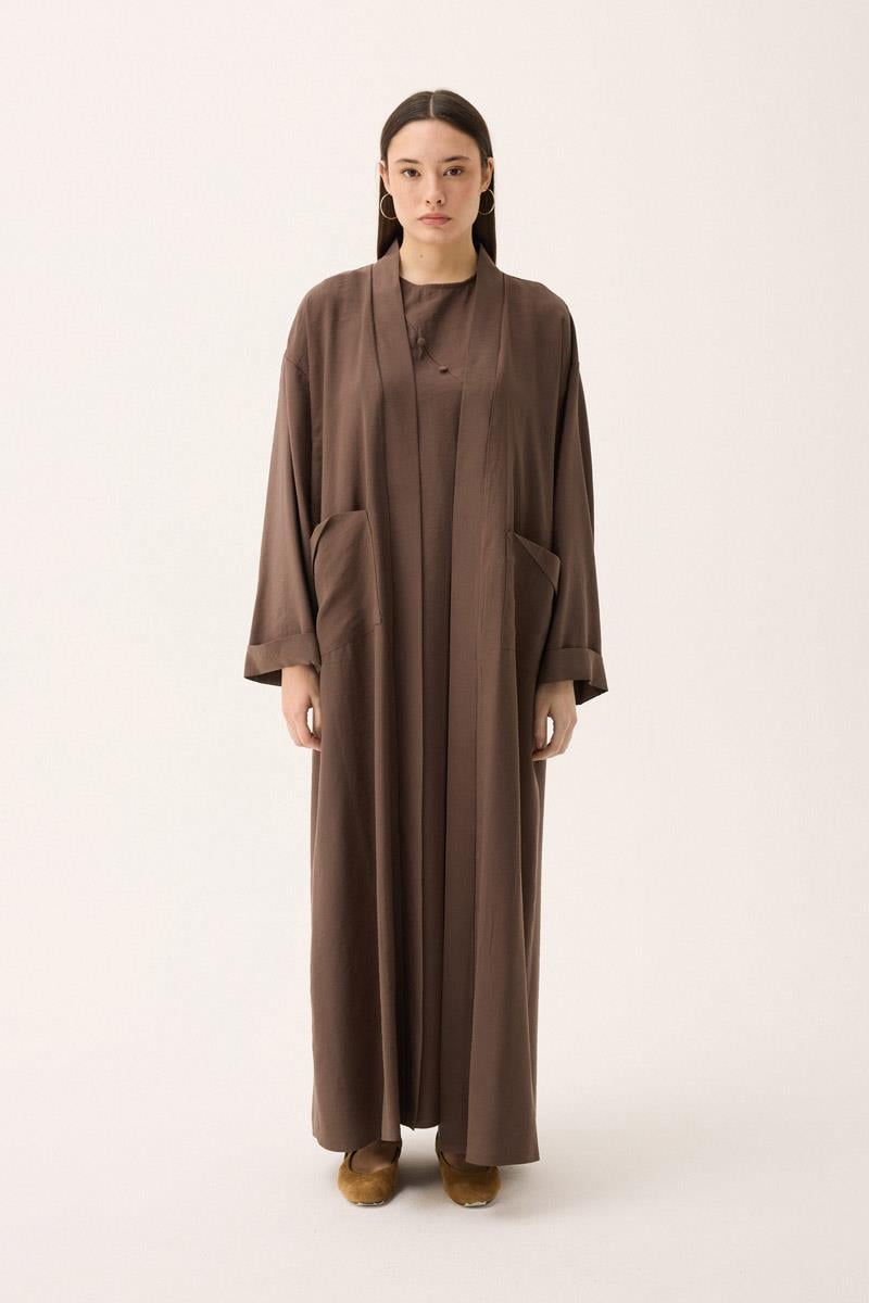 Elbisesi Düğmeli Abaya Takım Kahverengi