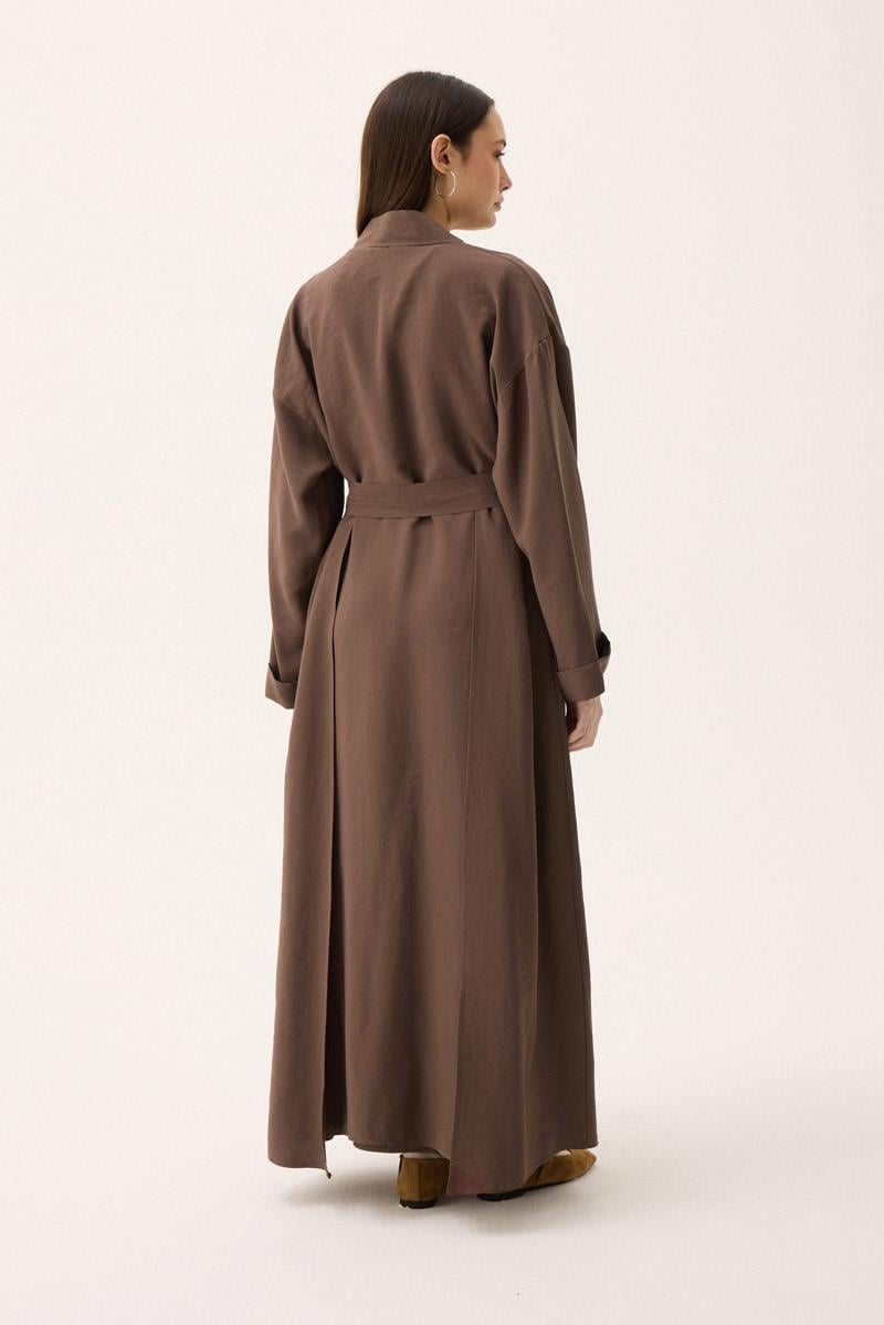 Elbisesi Düğmeli Abaya Takım Kahverengi