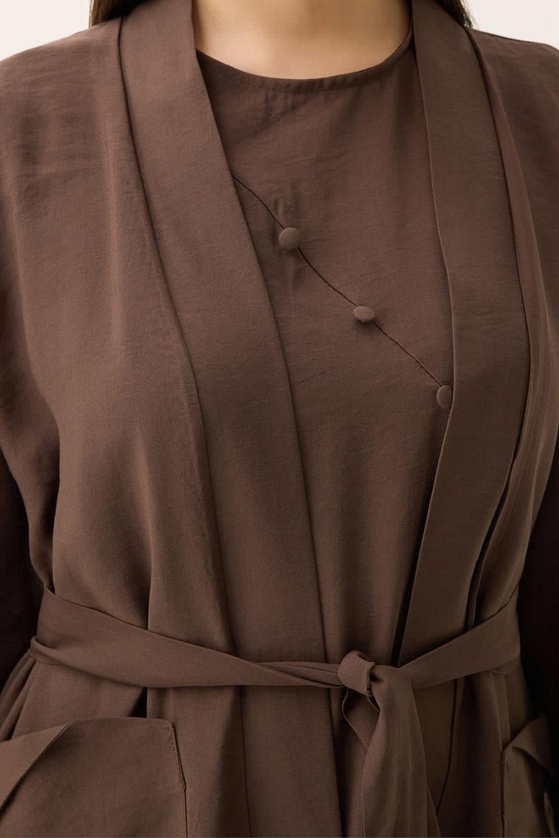 Elbisesi Düğmeli Abaya Takım Kahverengi