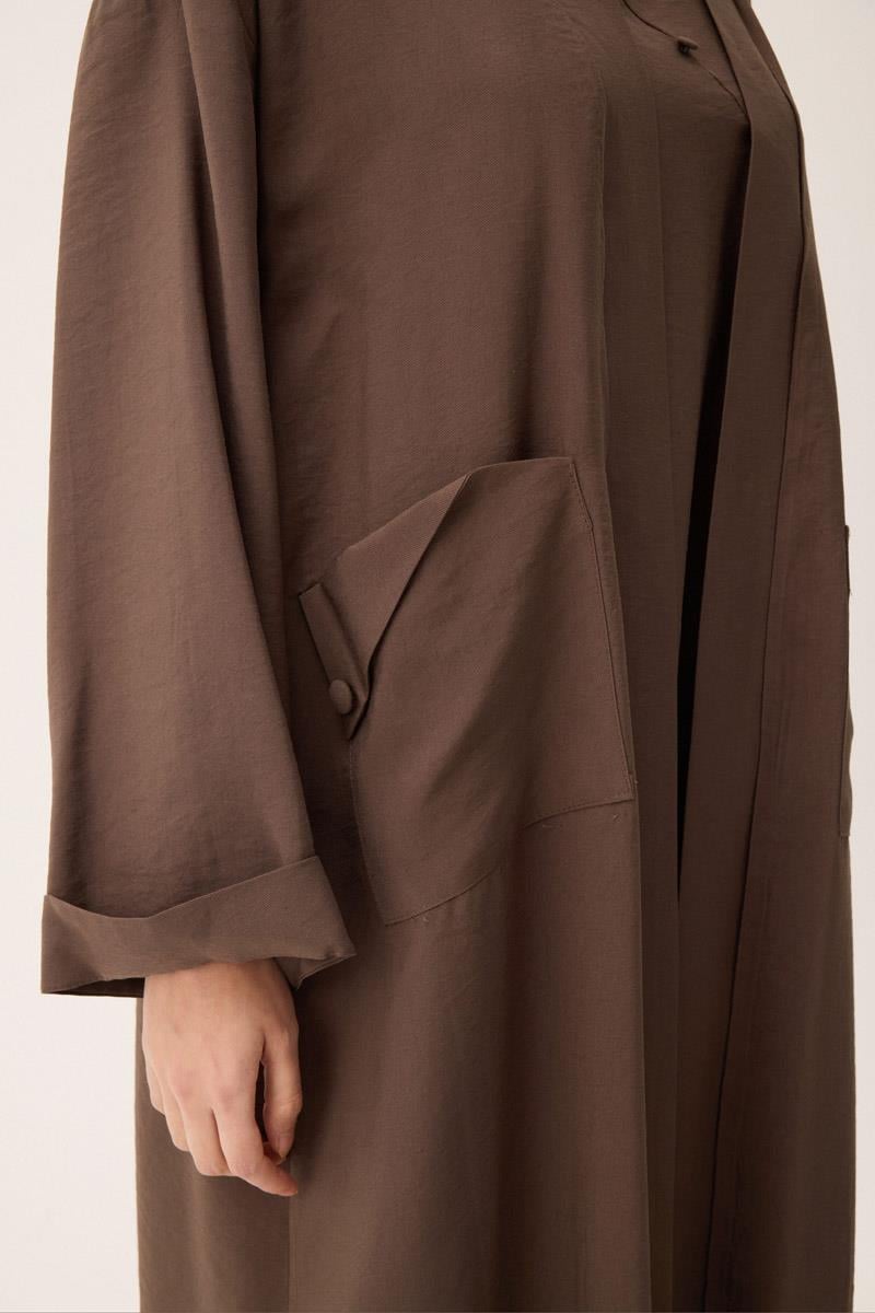Elbisesi Düğmeli Abaya Takım Kahverengi