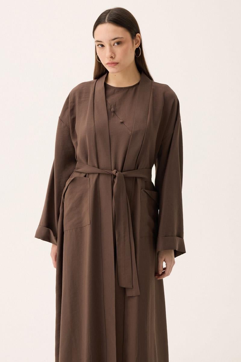 Elbisesi Düğmeli Abaya Takım Kahverengi