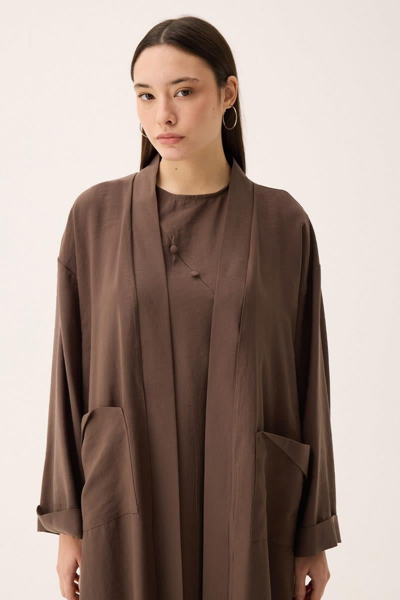 Elbisesi Düğmeli Abaya Takım Kahverengi