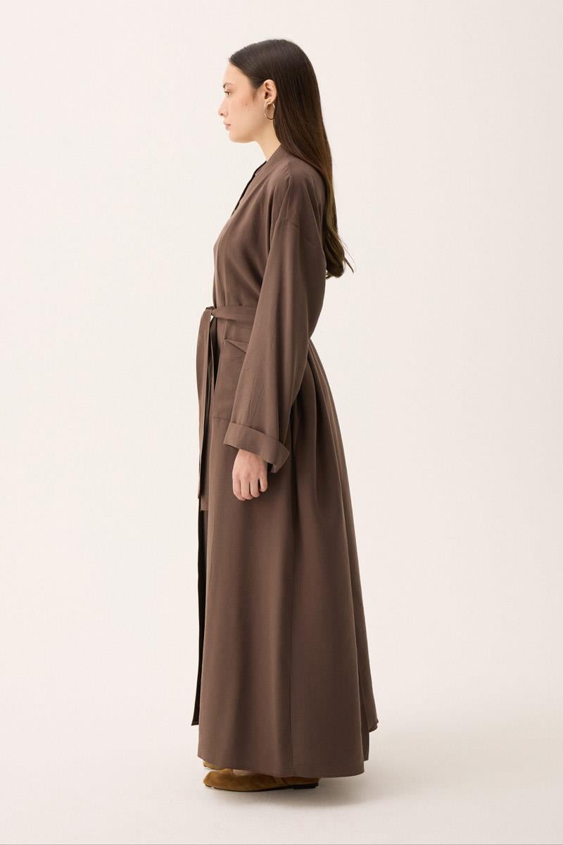 Elbisesi Düğmeli Abaya Takım Kahverengi