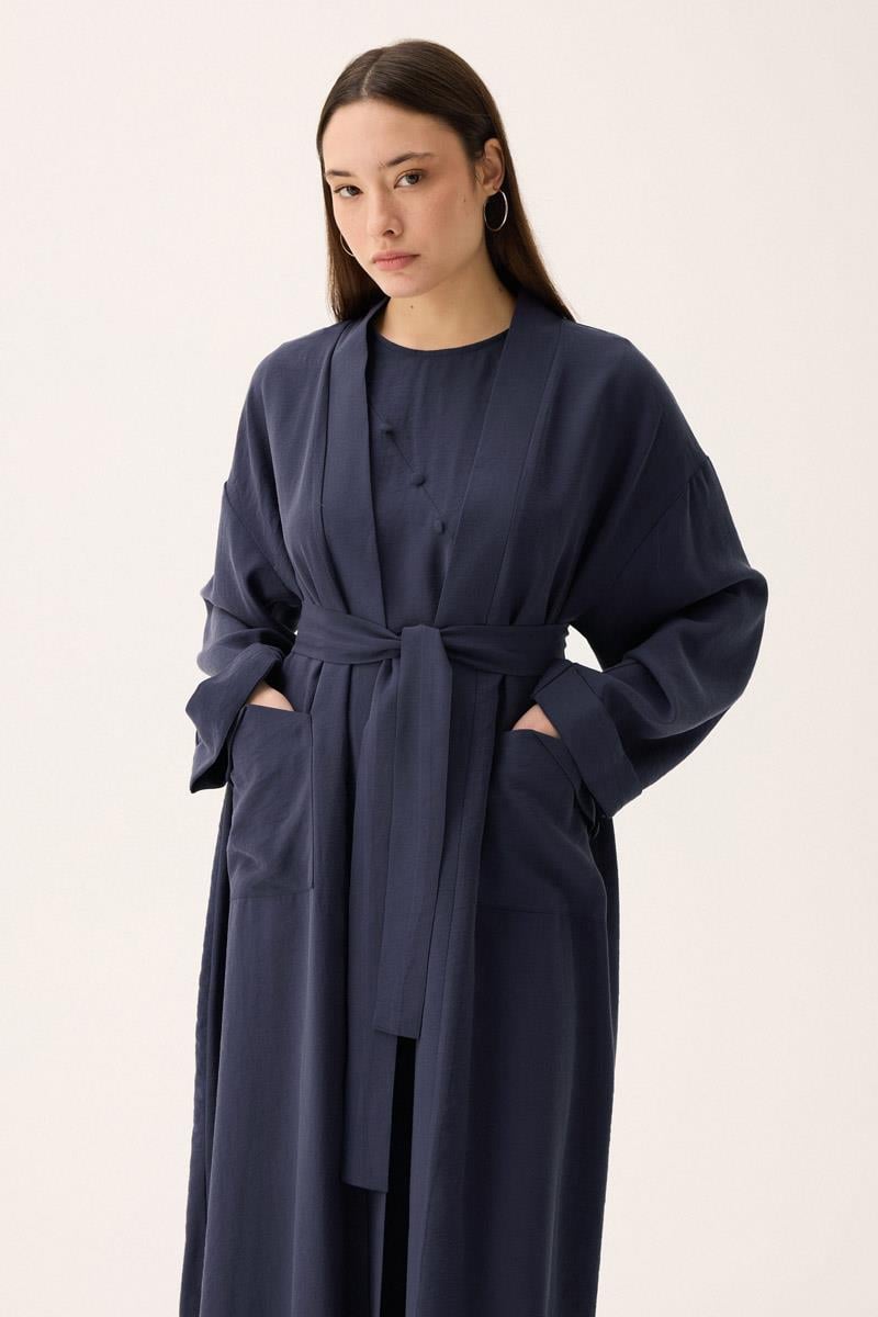 Elbisesi Düğmeli Abaya Takım Lacivert