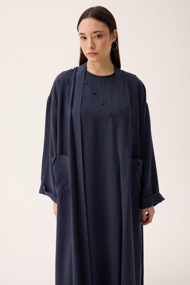 Elbisesi Düğmeli Abaya Takım Lacivert