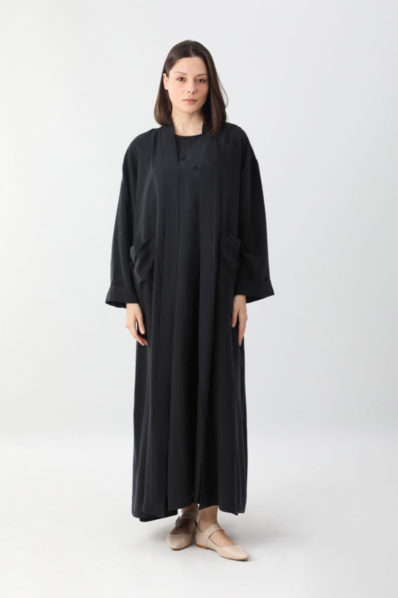 Elbisesi Düğmeli Abaya Takım Siyah