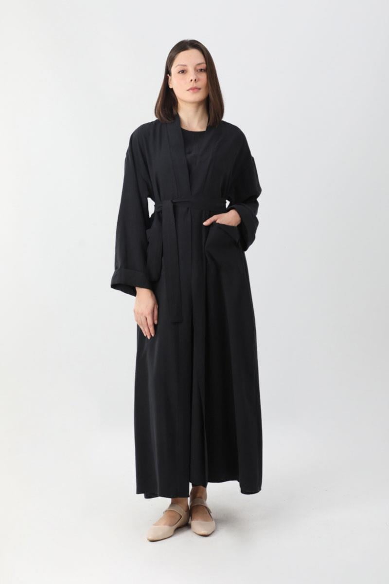 Elbisesi Düğmeli Abaya Takım Siyah