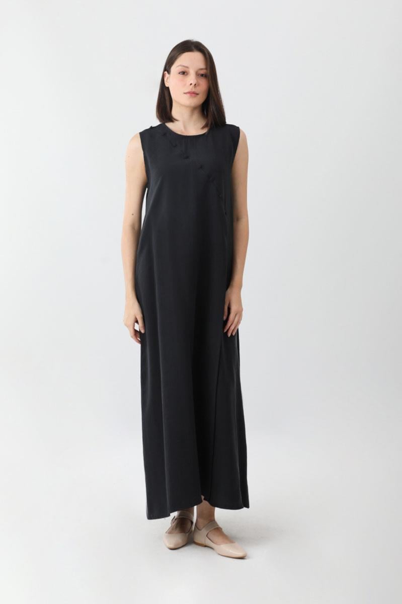 Elbisesi Düğmeli Abaya Takım Siyah