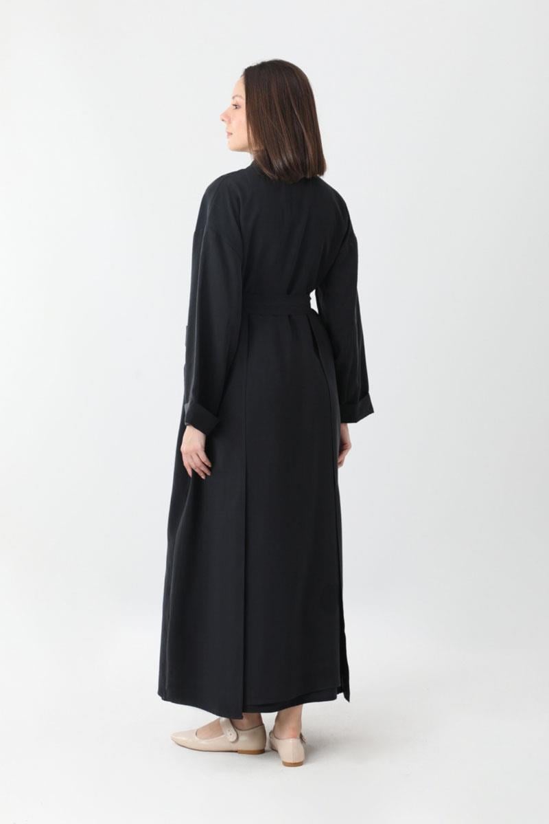 Elbisesi Düğmeli Abaya Takım Siyah