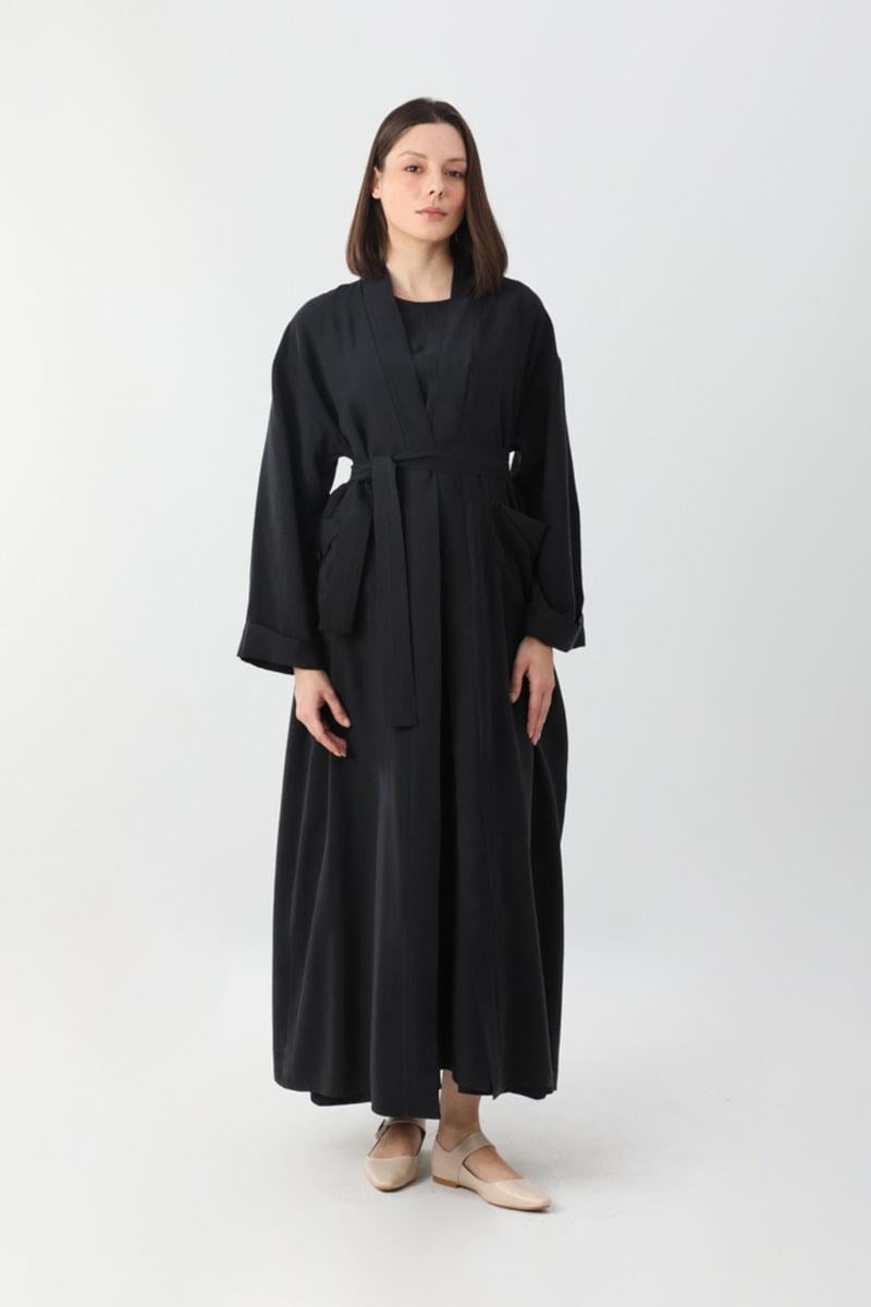 Elbisesi Düğmeli Abaya Takım Siyah